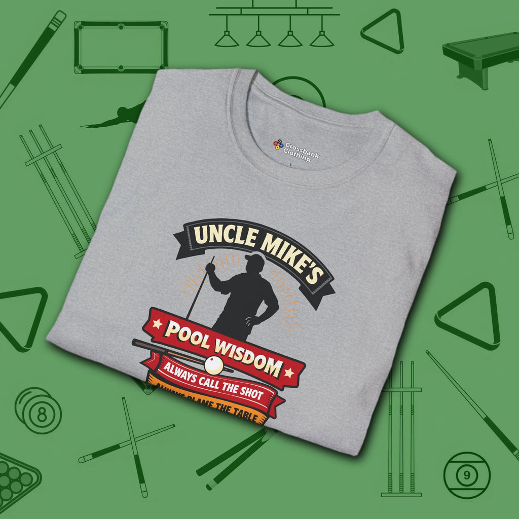 Pool Wisdom T-Shirt, in Sport Grey color, billiards shirt, folded view
