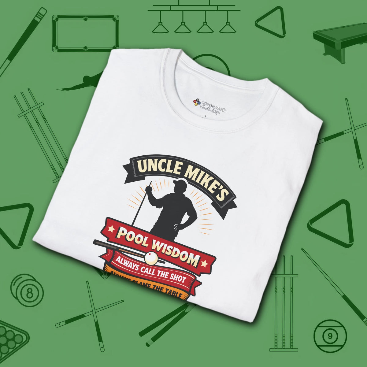 Pool Wisdom T-Shirt, in White color, billiards shirt, folded view