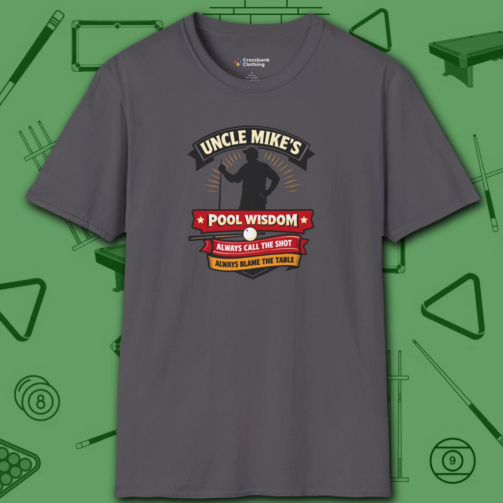 Pool Wisdom T-Shirt, in Charcoal color, billiards shirt, front view