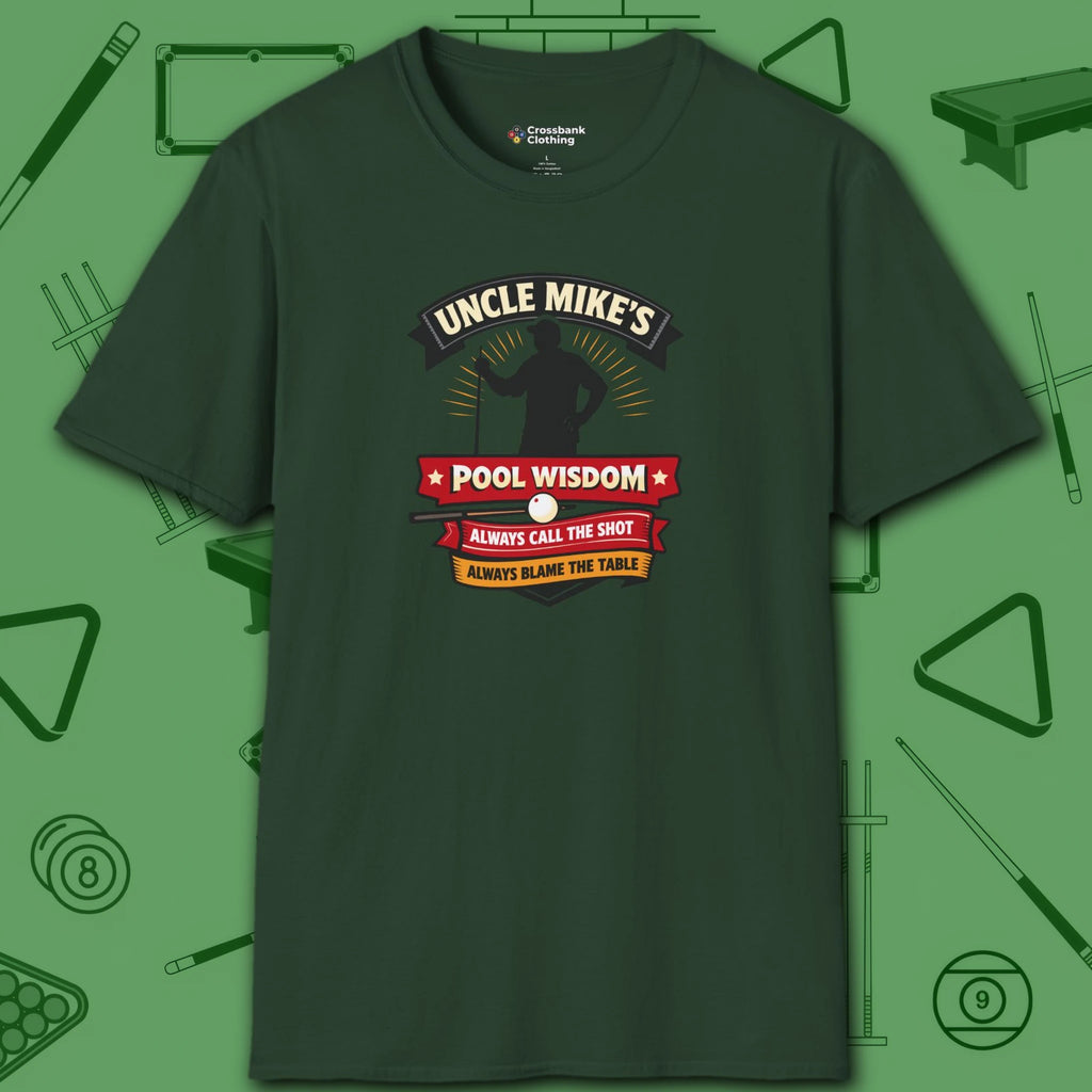 Pool Wisdom T-Shirt, in Forest Green color, billiards shirt, front view