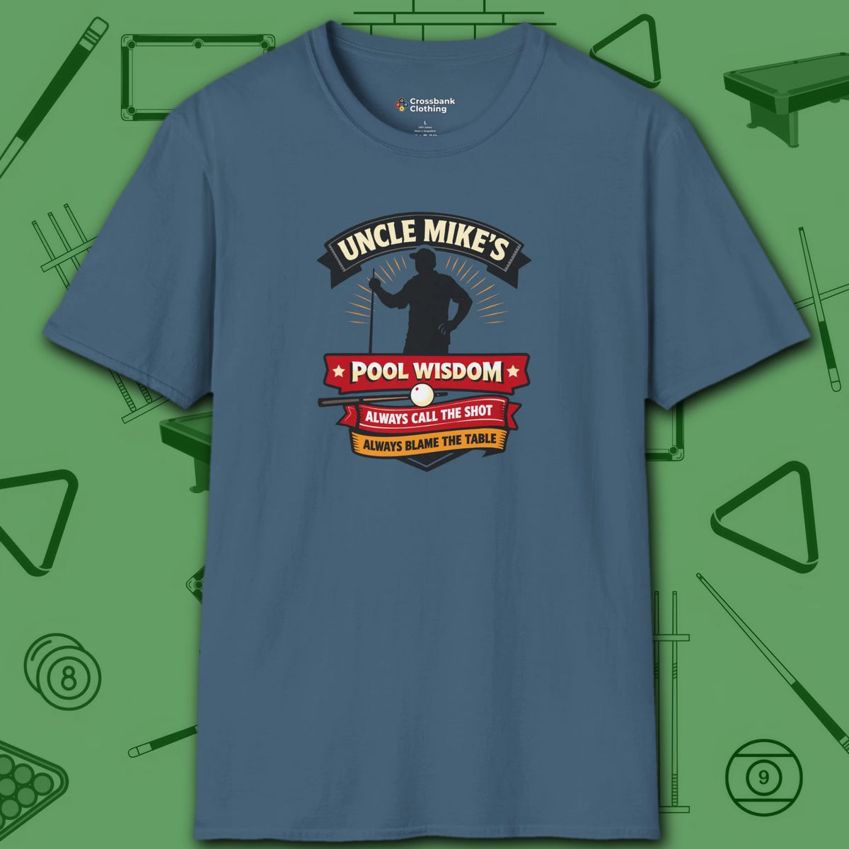 Pool Wisdom T-Shirt, in Indigo Blue color, billiards shirt, front view