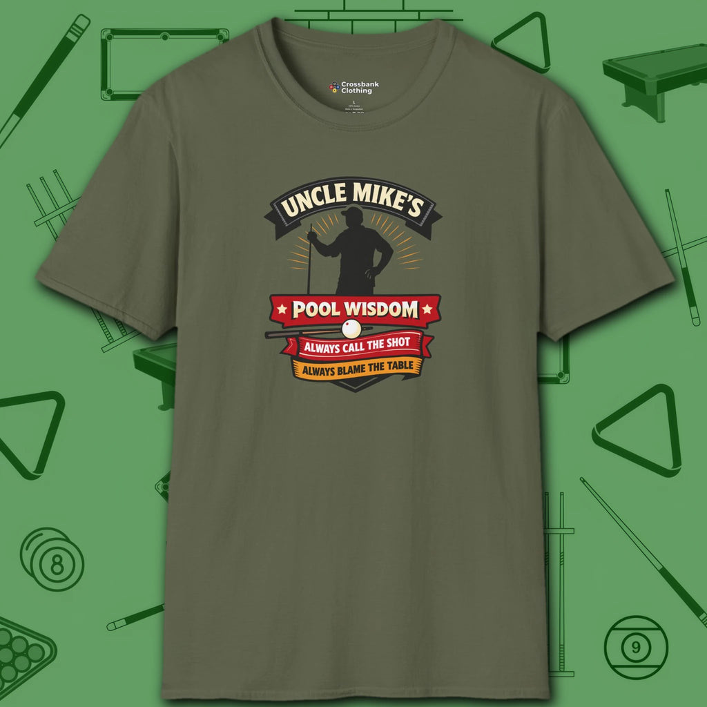 Pool Wisdom T-Shirt, in Military Green color, billiards shirt, front view