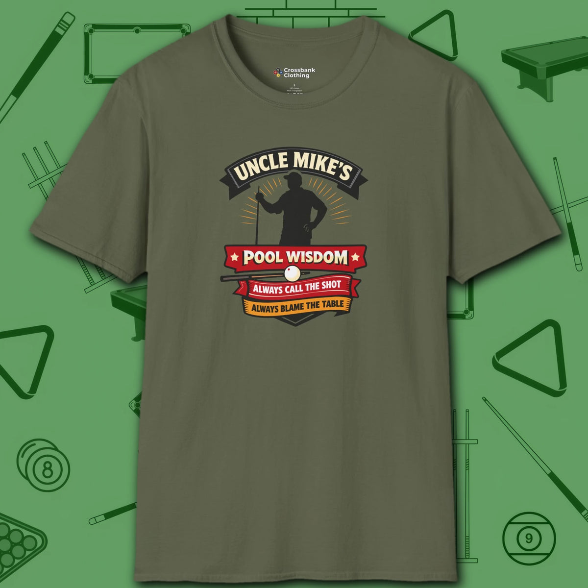 Pool Wisdom T-Shirt, in Military Green color, billiards shirt, front view