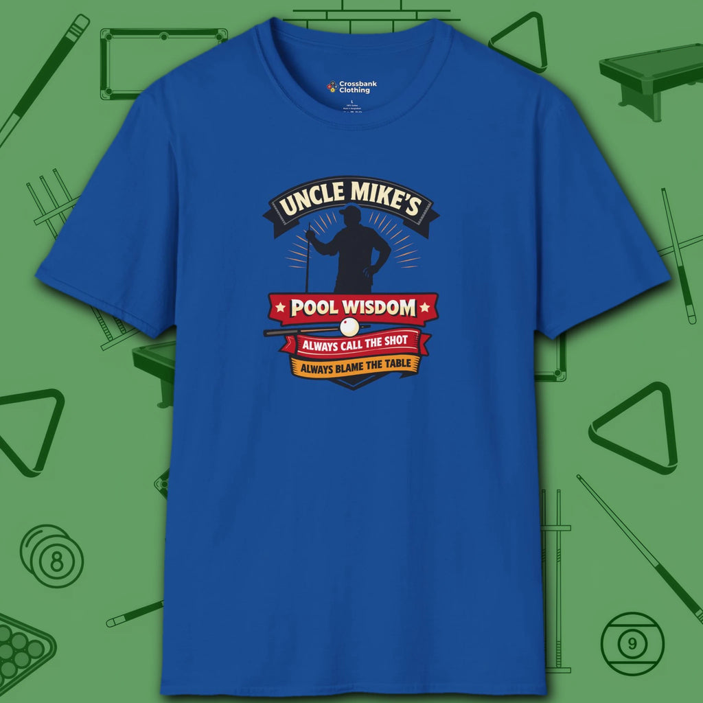 Pool Wisdom T-Shirt, in Royal color, billiards shirt, front view