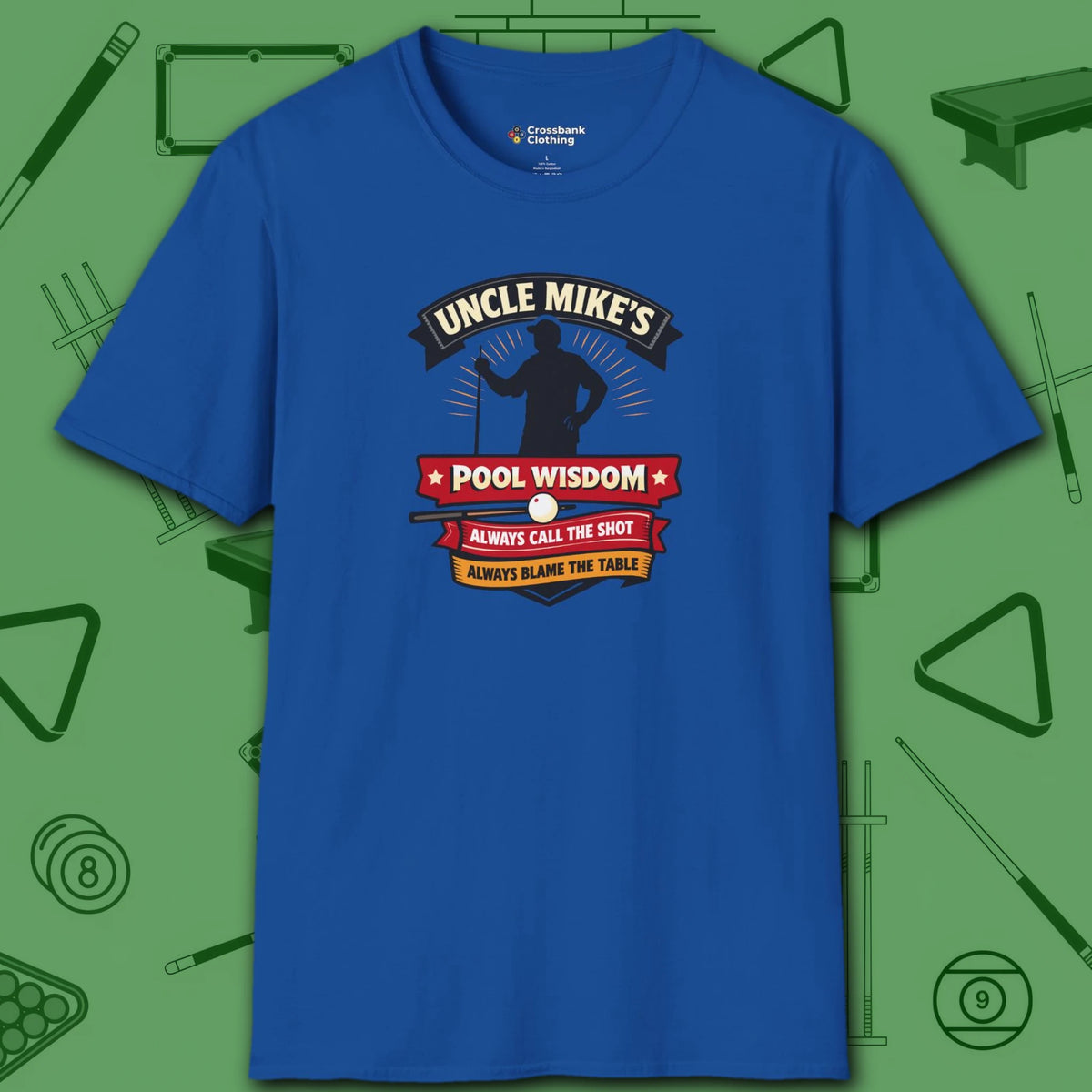 Pool Wisdom T-Shirt, in Royal color, billiards shirt, front view