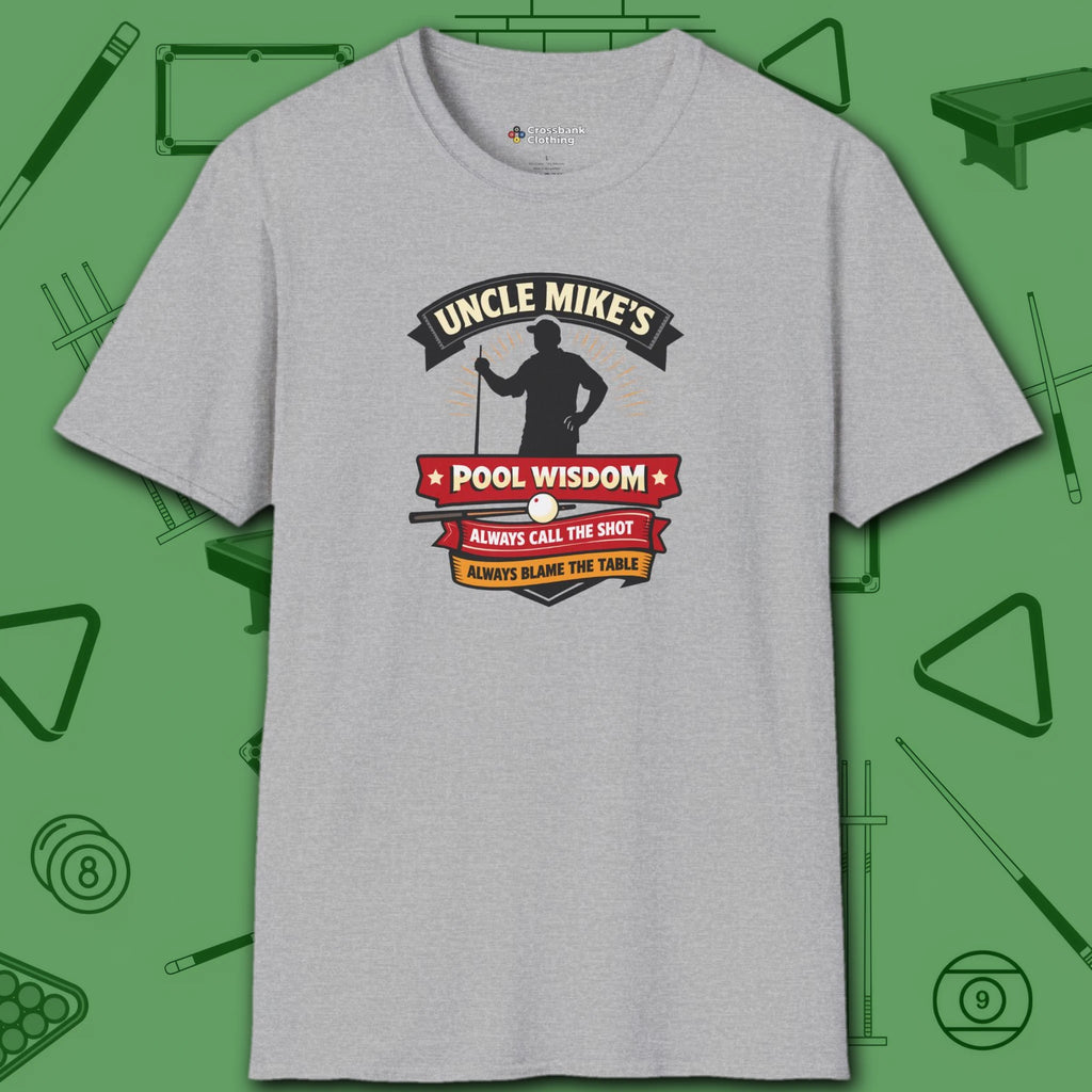 Pool Wisdom T-Shirt, in Sport Grey color, billiards shirt, front view