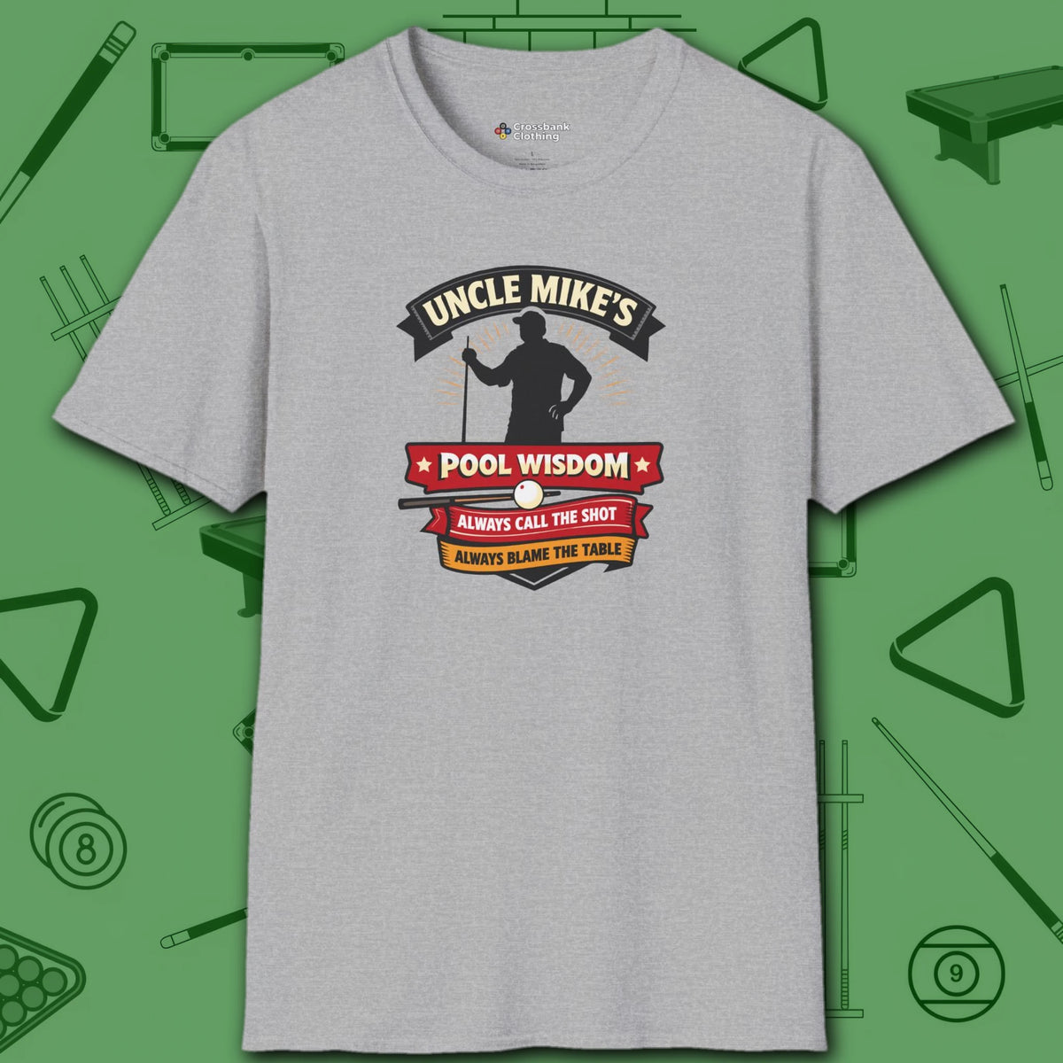Pool Wisdom T-Shirt, in Sport Grey color, billiards shirt, front view