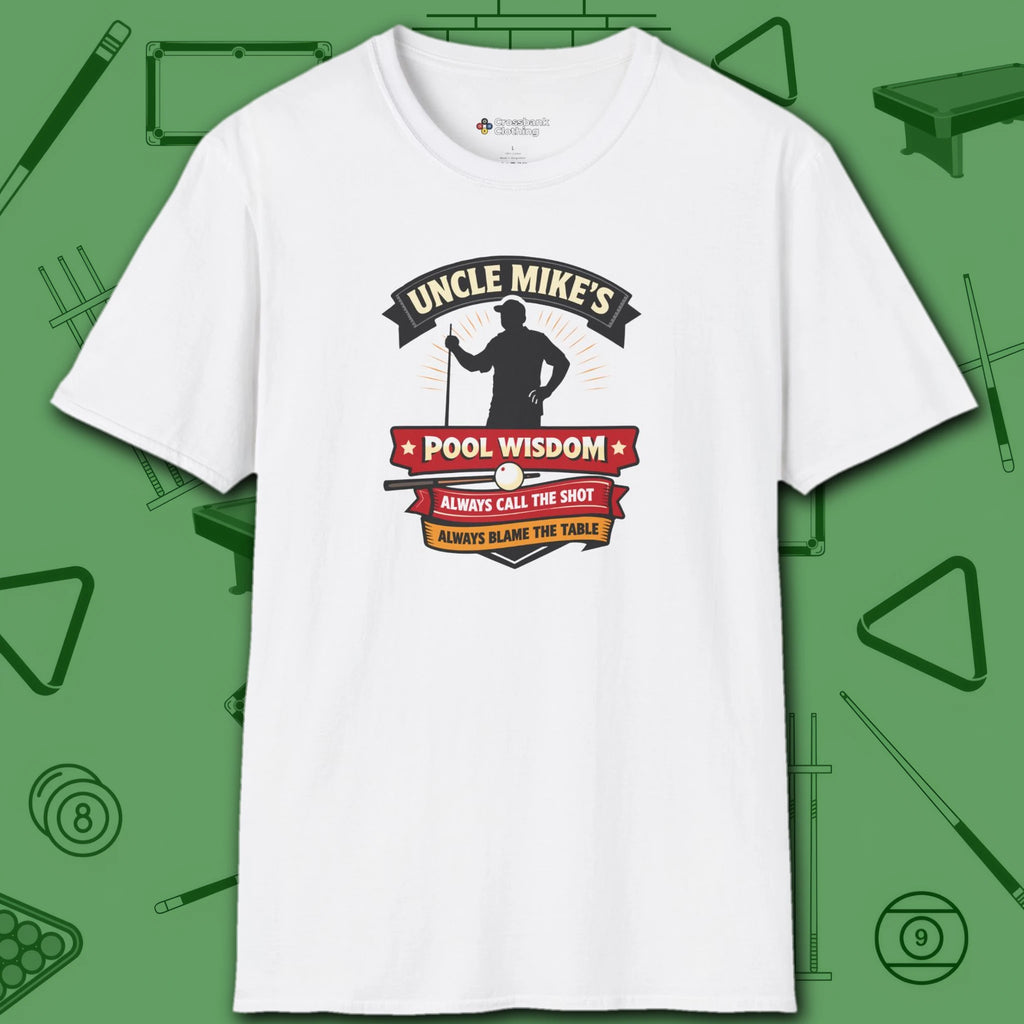 Pool Wisdom T-Shirt, in White color, billiards shirt, front view
