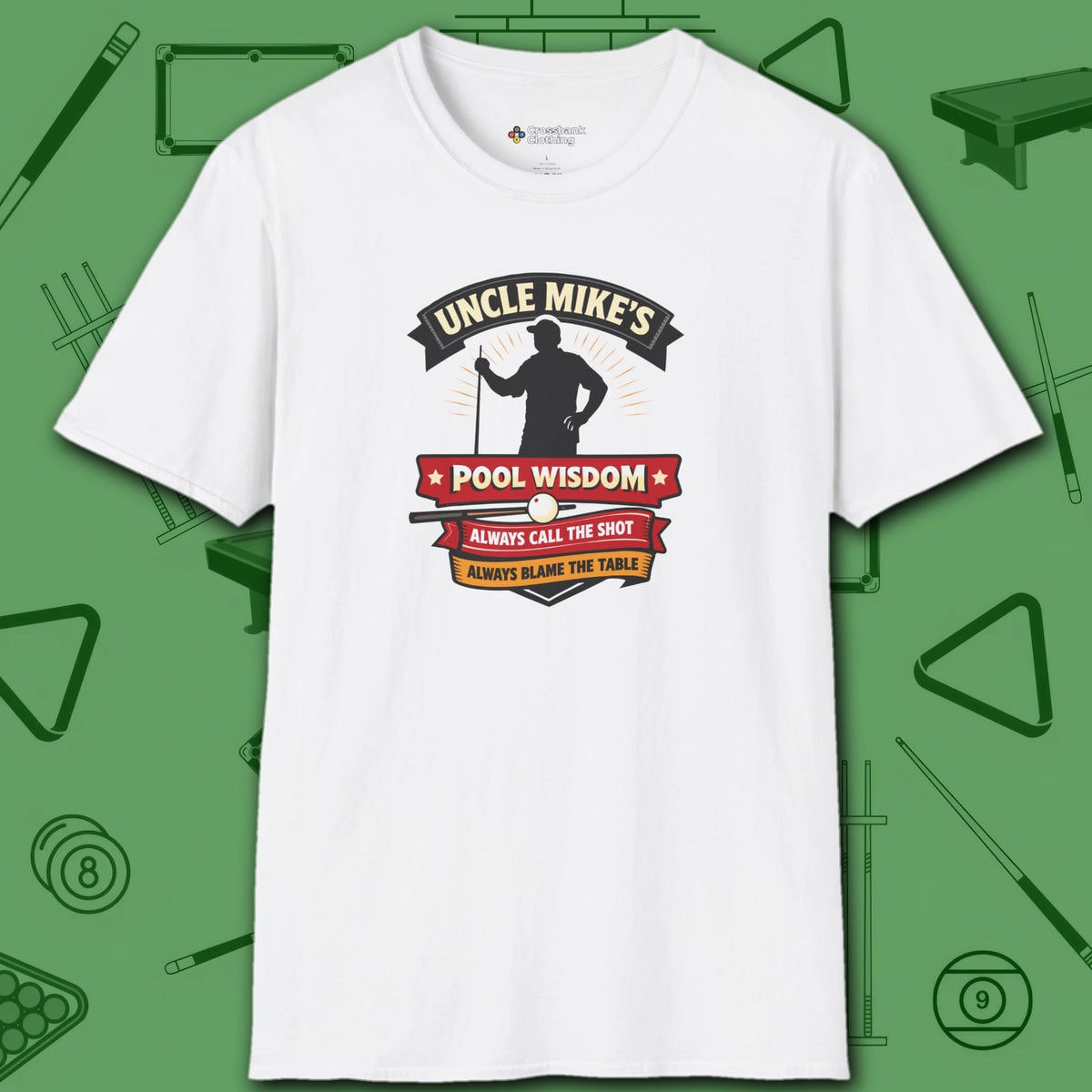 Pool Wisdom T-Shirt, in White color, billiards shirt, front view