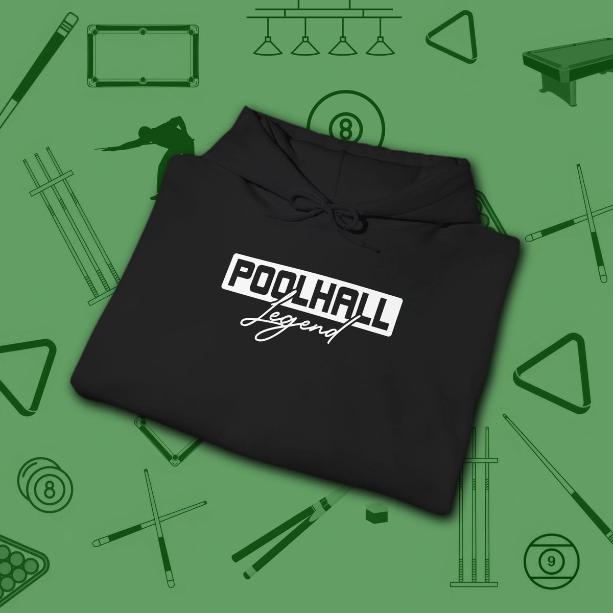 Poolhall Legend Hoodie, in Black color, billiards hoodie, folded view