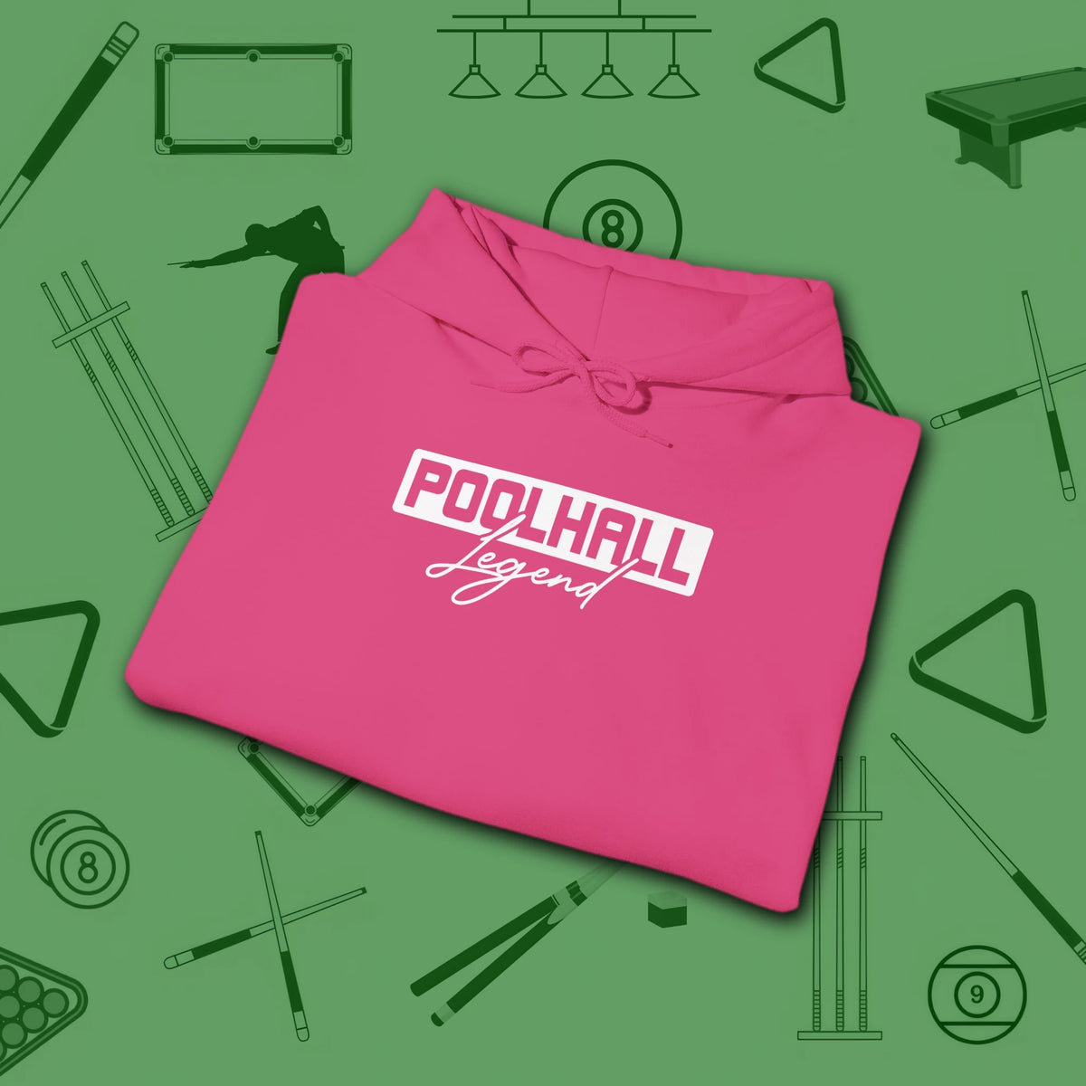 Poolhall Legend Hoodie, in Heliconia color, billiards hoodie, folded view