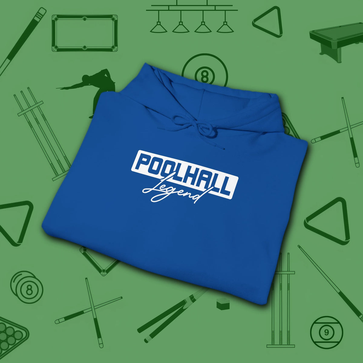 Poolhall Legend Hoodie, in Royal color, billiards hoodie, folded view