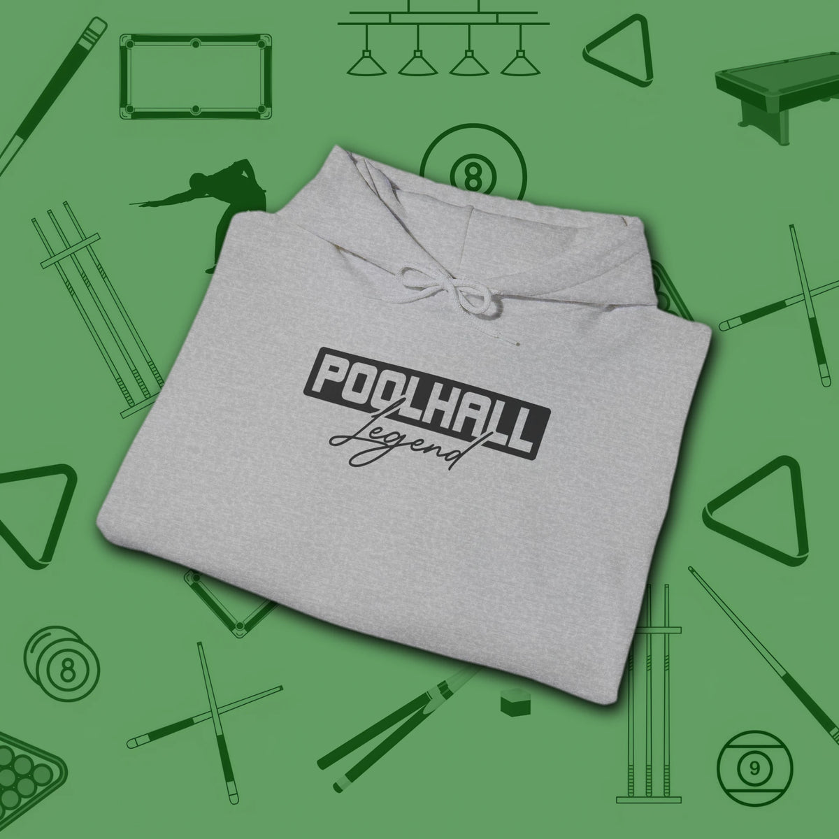 Poolhall Legend Hoodie, in Sport Grey color, billiards hoodie, folded view