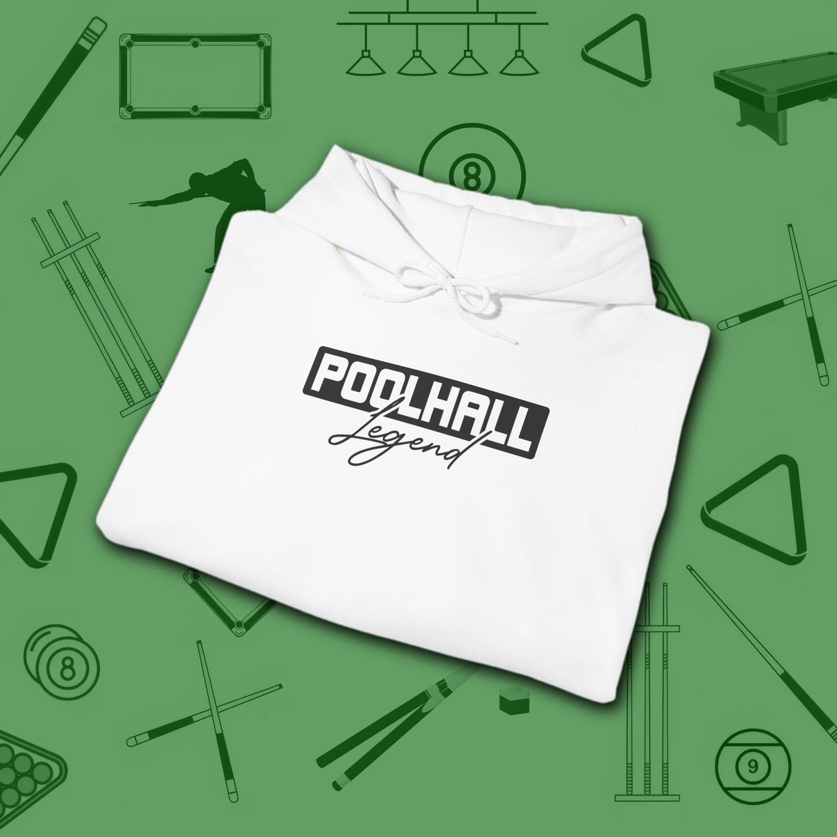 Poolhall Legend Hoodie, in White color, billiards hoodie, folded view