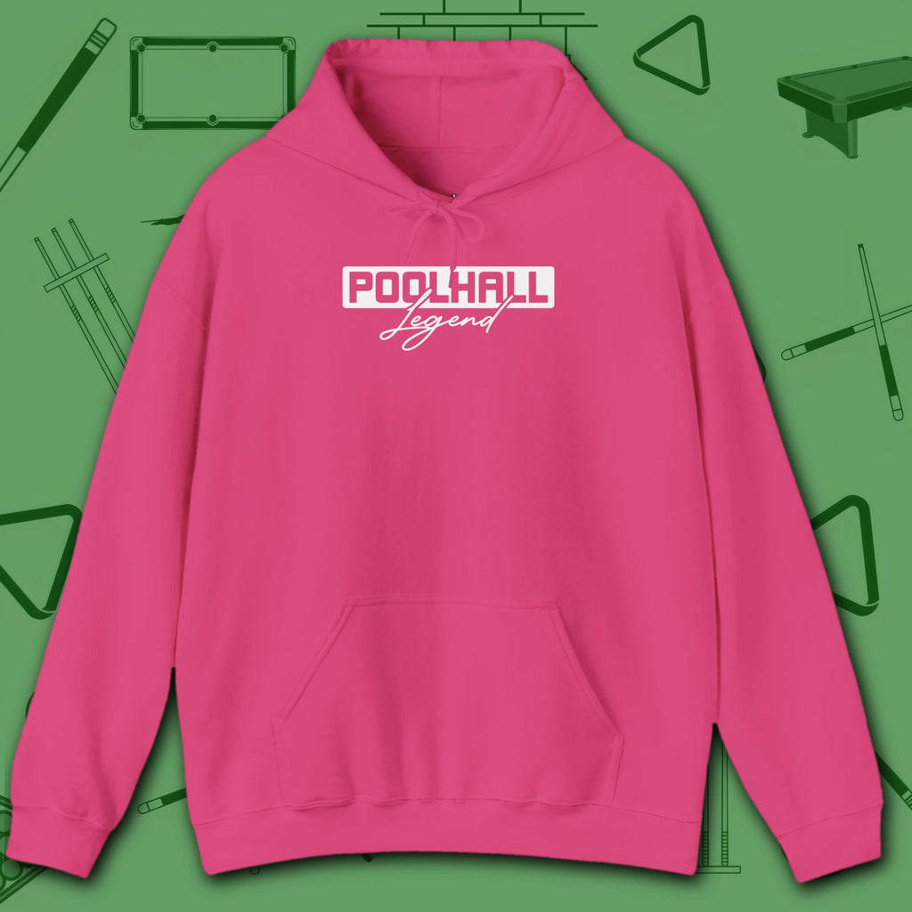 Poolhall Legend Hoodie, in Heliconia color, billiards hoodie, front view