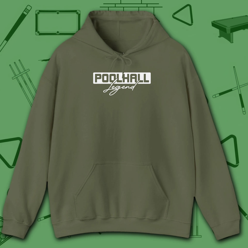 Poolhall Legend Hoodie, in Military Green color, billiards hoodie, front view