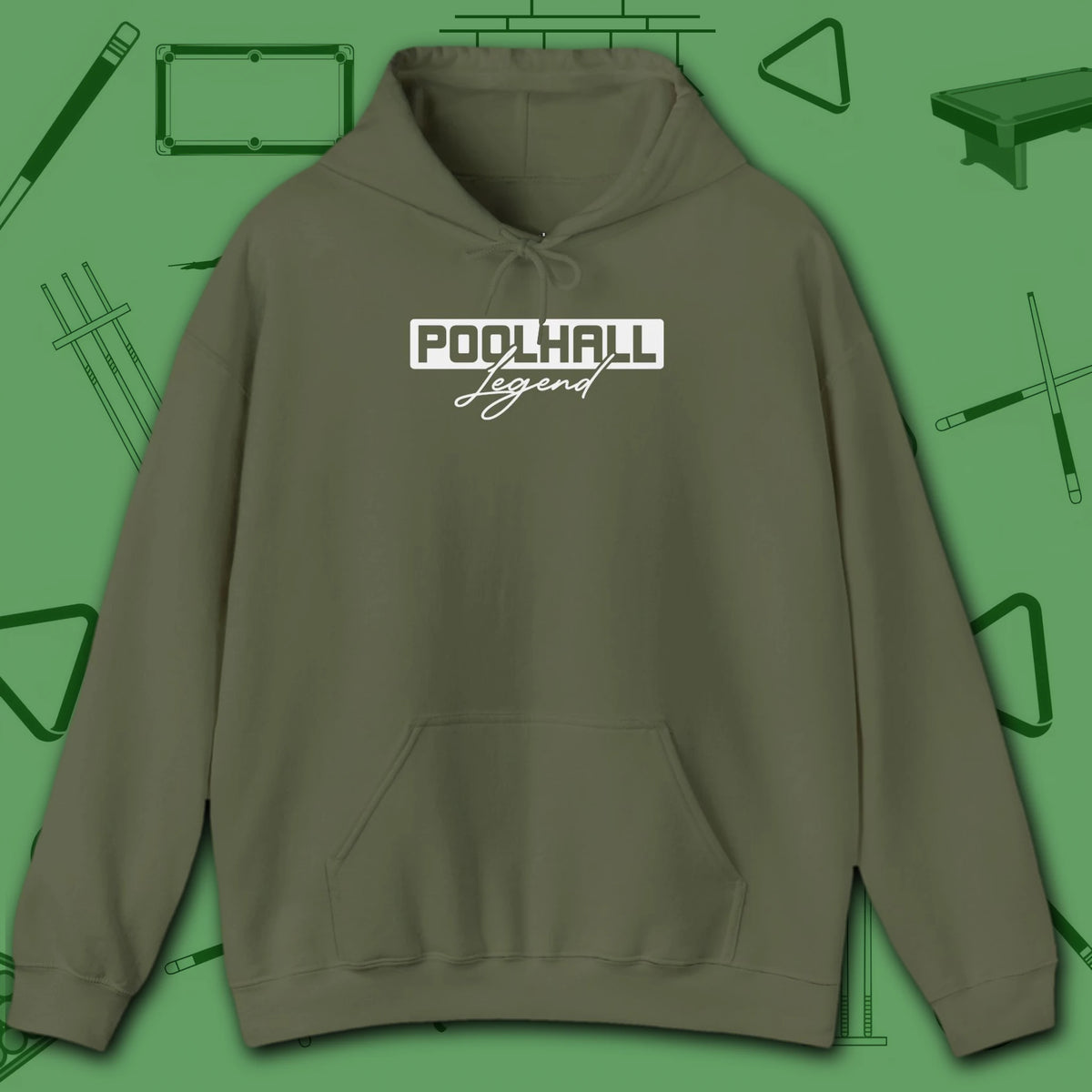 Poolhall Legend Hoodie, in Military Green color, billiards hoodie, front view