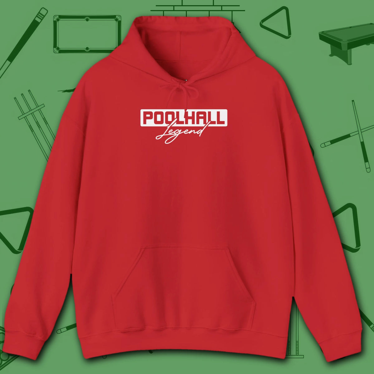 Poolhall Legend Hoodie, in Red color, billiards hoodie, front view