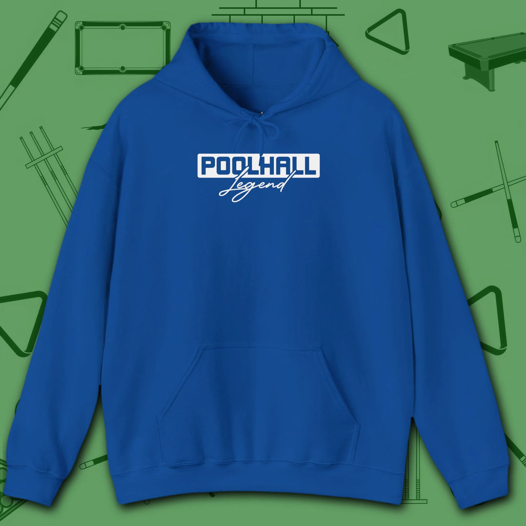 Poolhall Legend Hoodie, in Royal color, billiards hoodie, front view