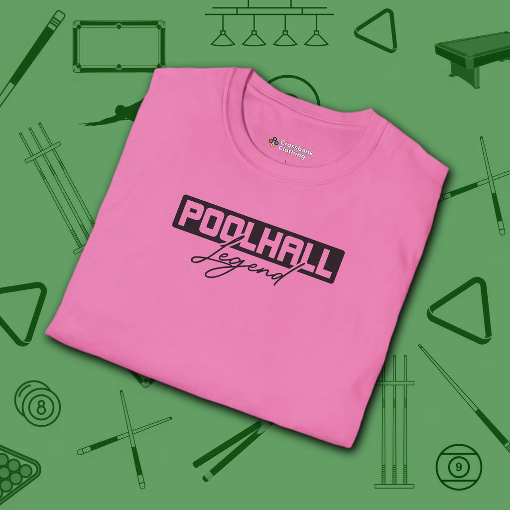 Poolhall Legend T-Shirt, in Azalea color, billiards shirt, folded view