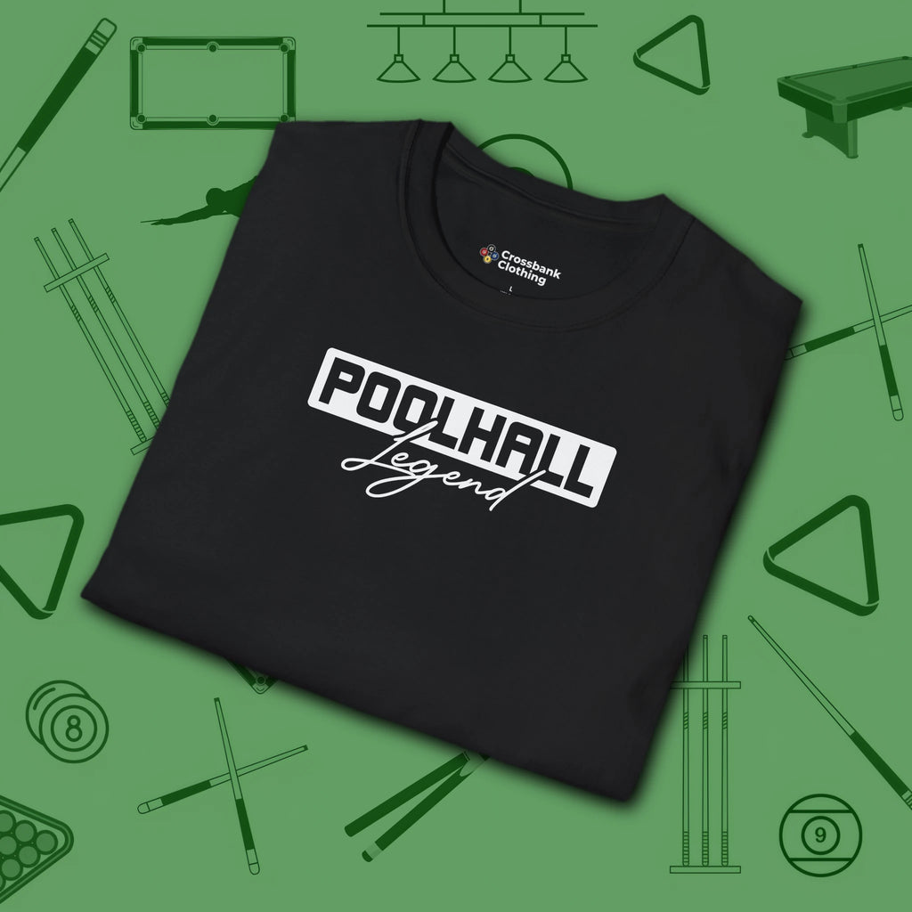 Poolhall Legend T-Shirt, in Black color, billiards shirt, folded view