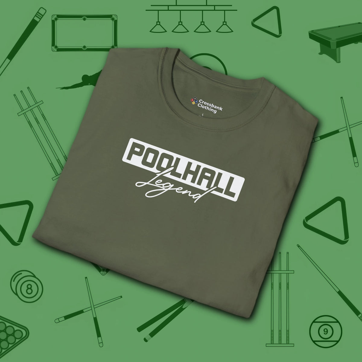 Poolhall Legend T-Shirt, in Military Green color, billiards shirt, folded view