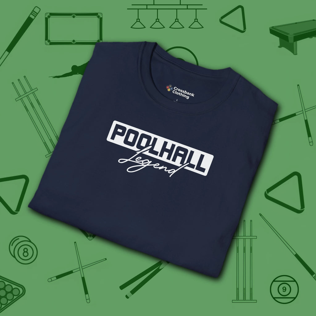 Poolhall Legend T-Shirt, in Navy color, billiards shirt, folded view