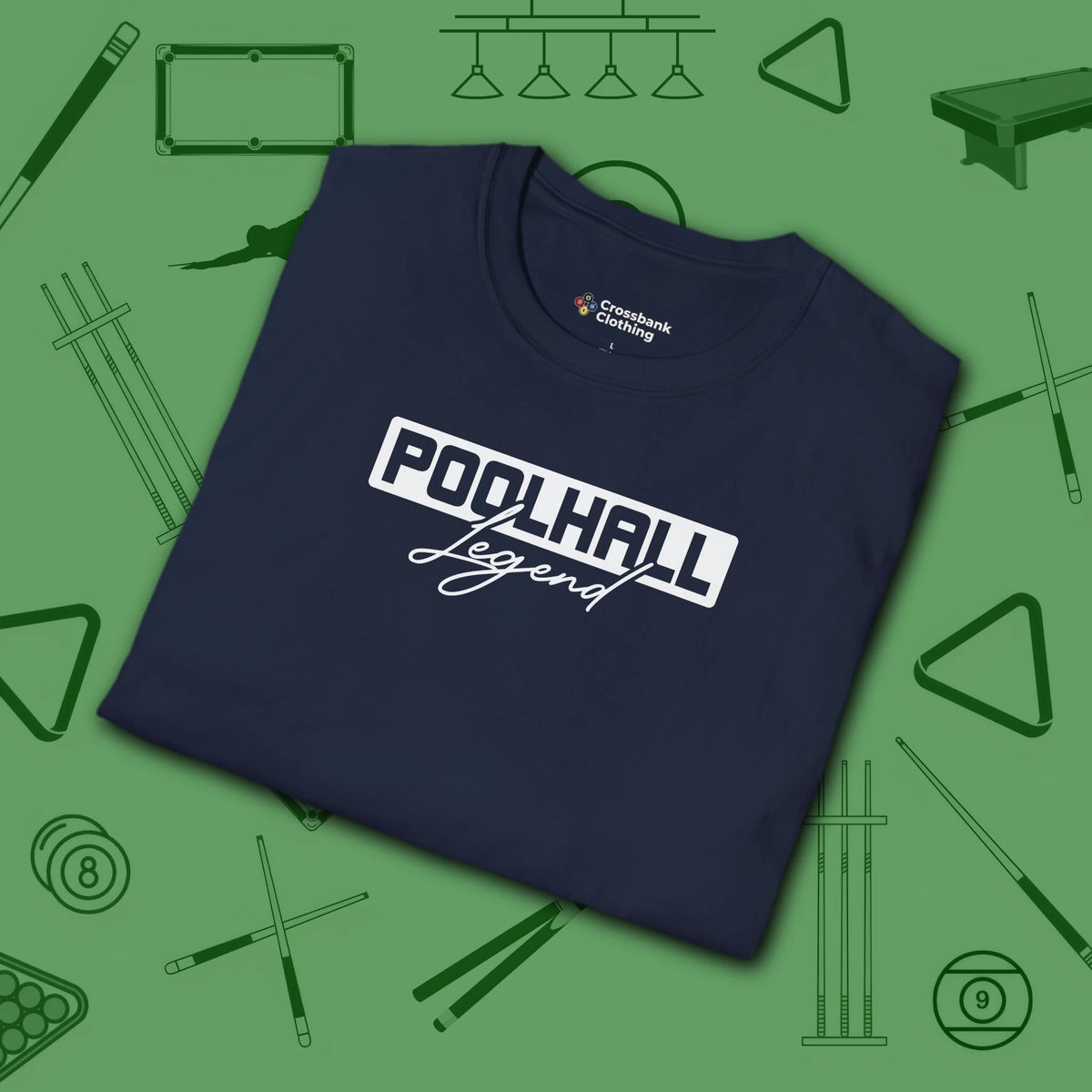 Poolhall Legend T-Shirt, in Navy color, billiards shirt, folded view