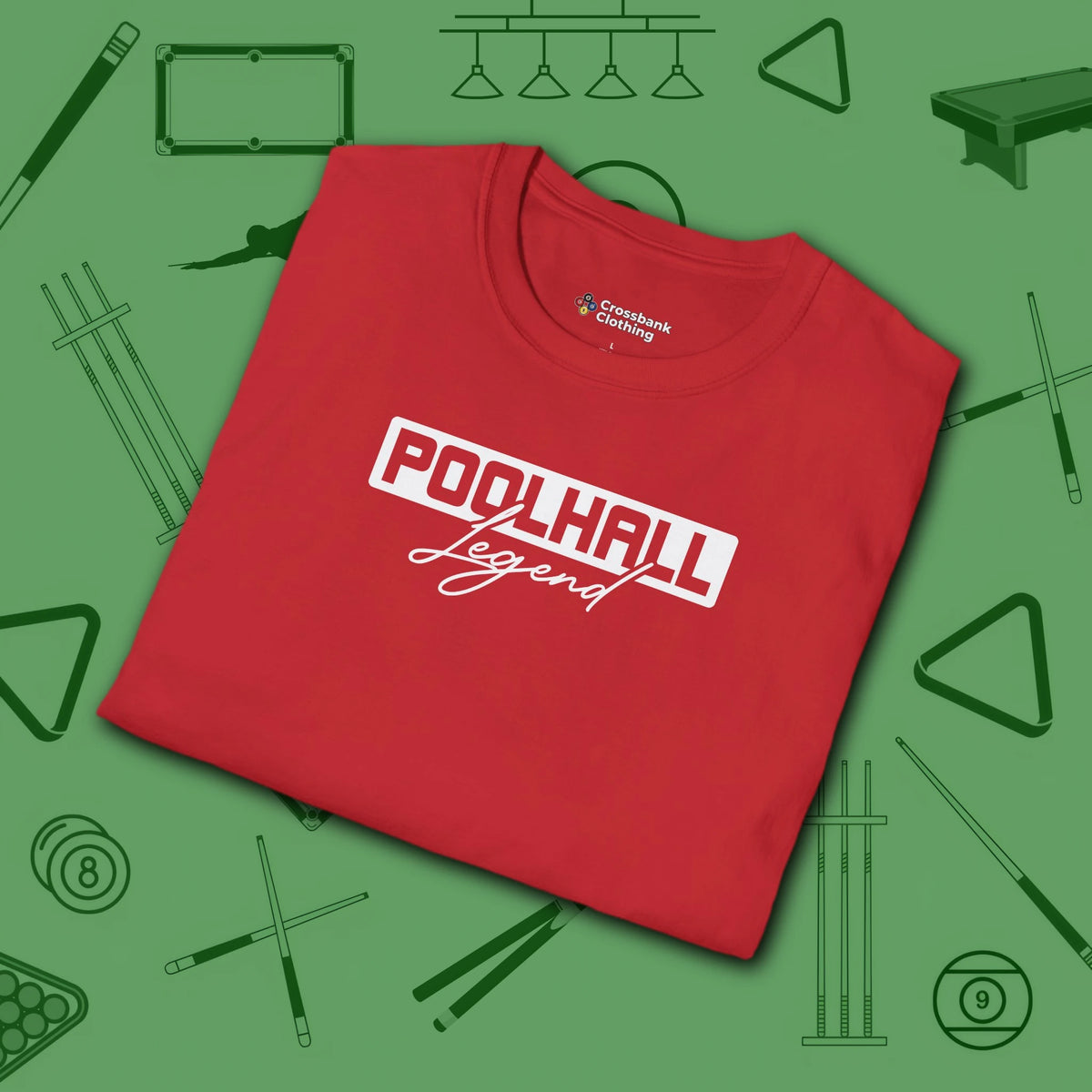 Poolhall Legend T-Shirt, in Red color, billiards shirt, folded view