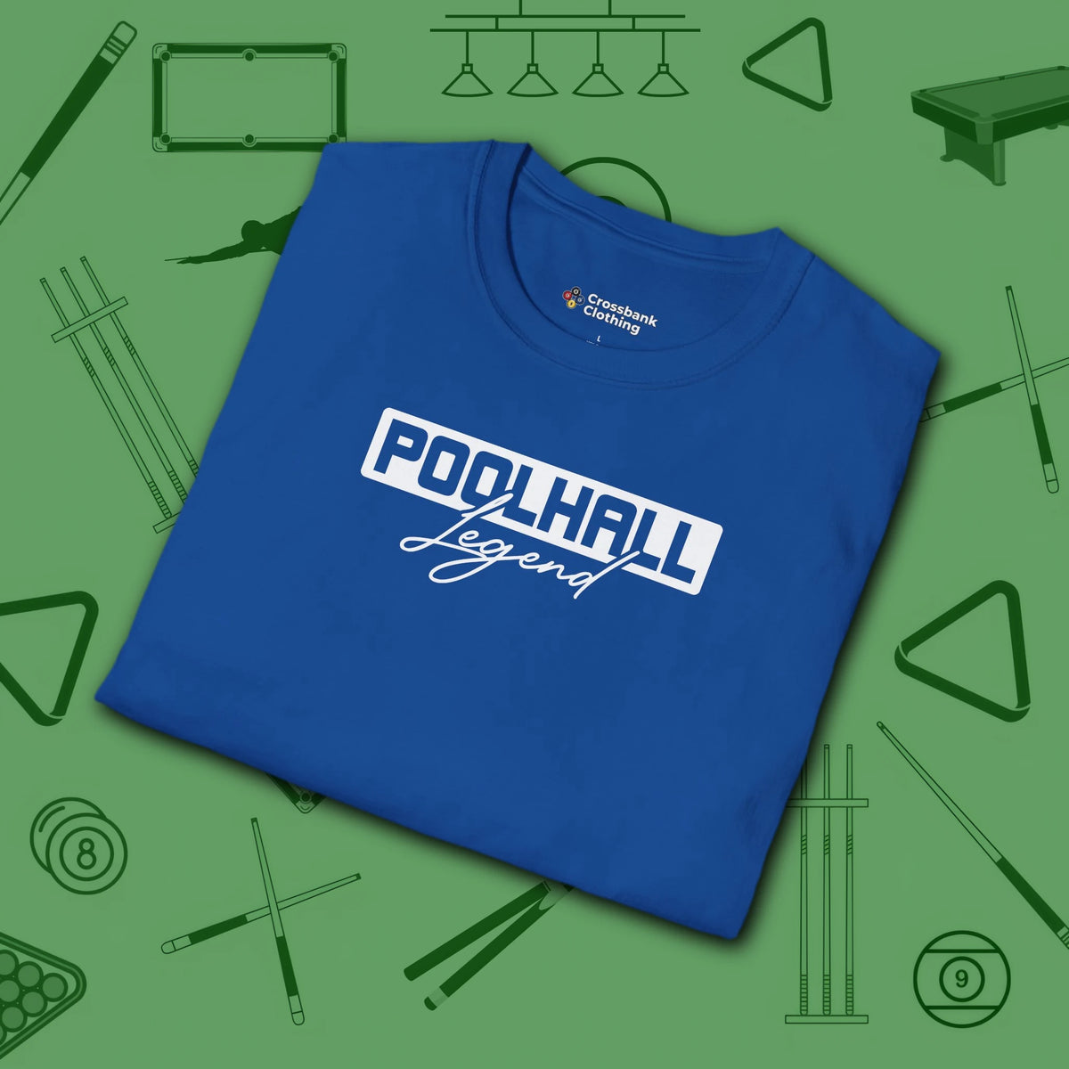 Poolhall Legend T-Shirt, in Royal color, billiards shirt, folded view