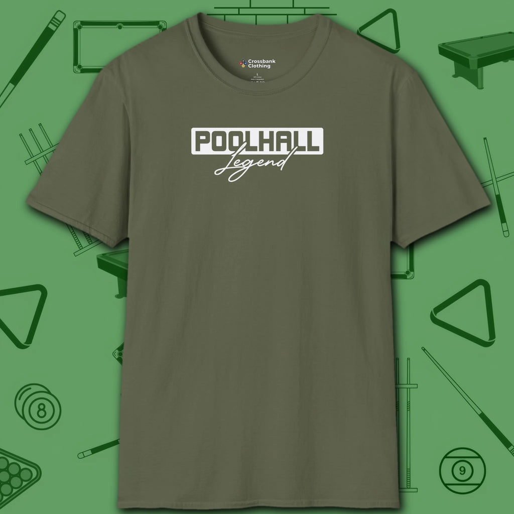 Poolhall Legend T-Shirt, in Military Green color, billiards shirt, front view