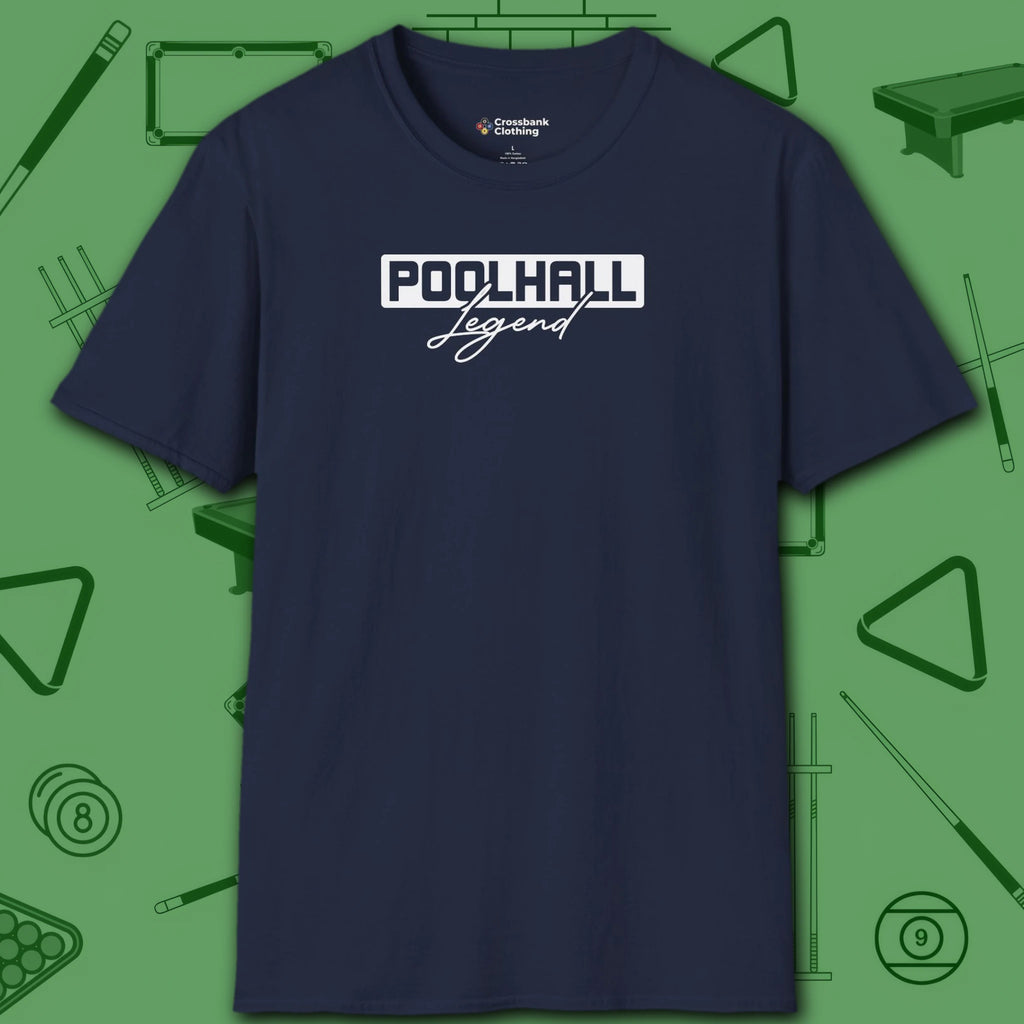 Poolhall Legend T-Shirt, in Navy color, billiards shirt, front view