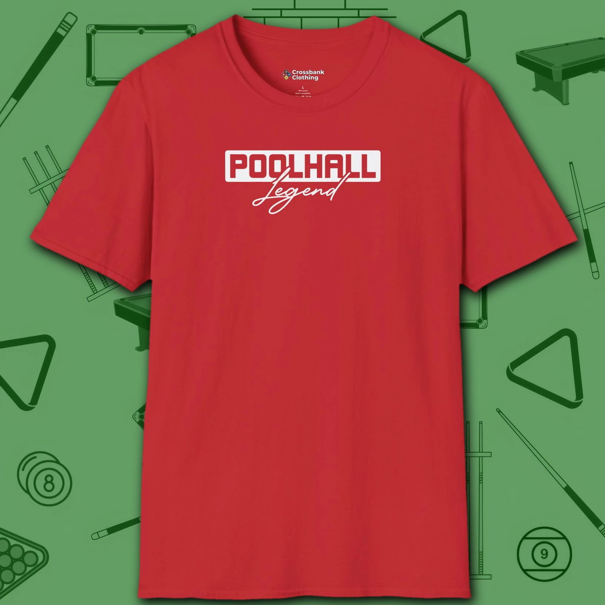 Poolhall Legend T-Shirt, in Red color, billiards shirt, front view