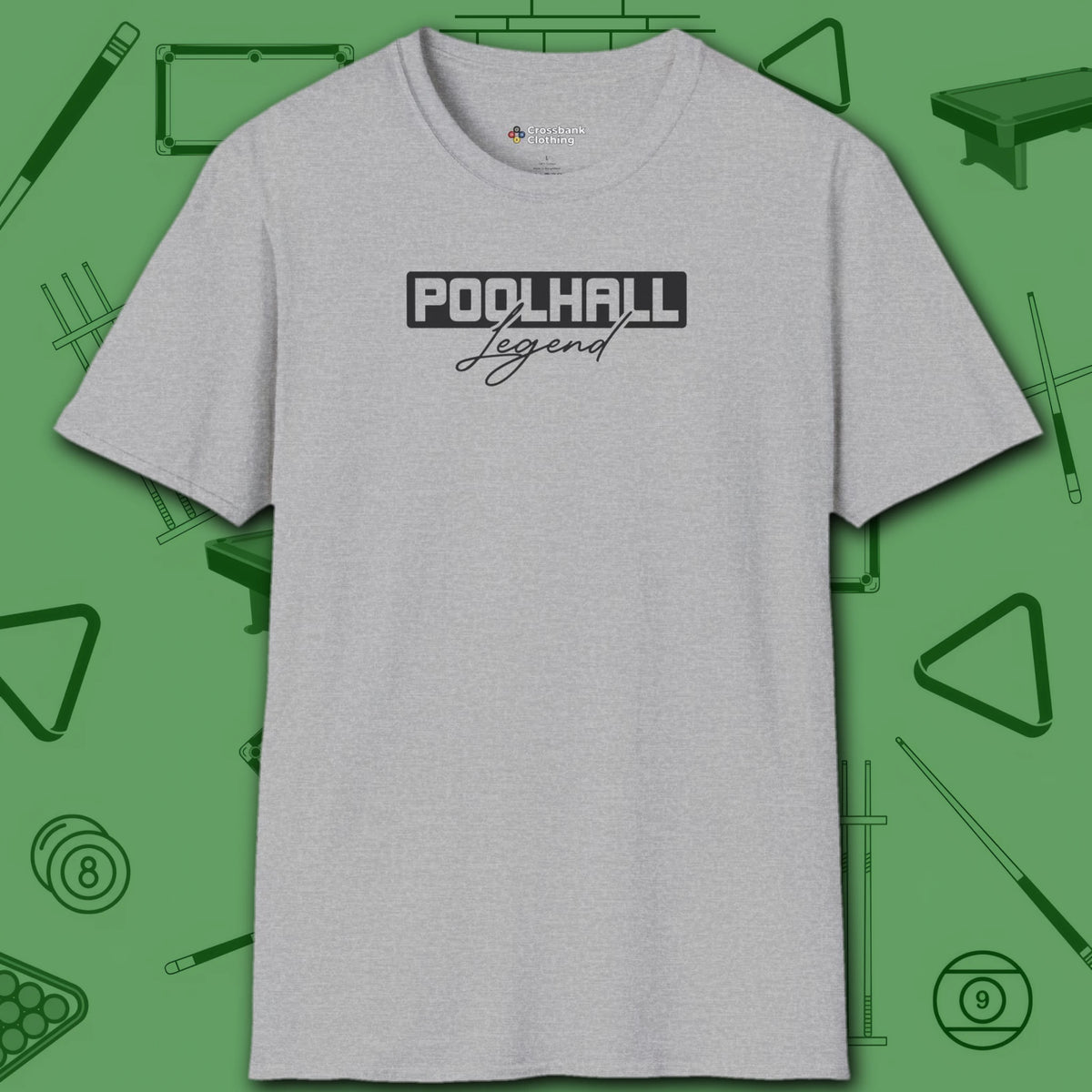 Poolhall Legend T-Shirt, in Sport Grey color, billiards shirt, front view