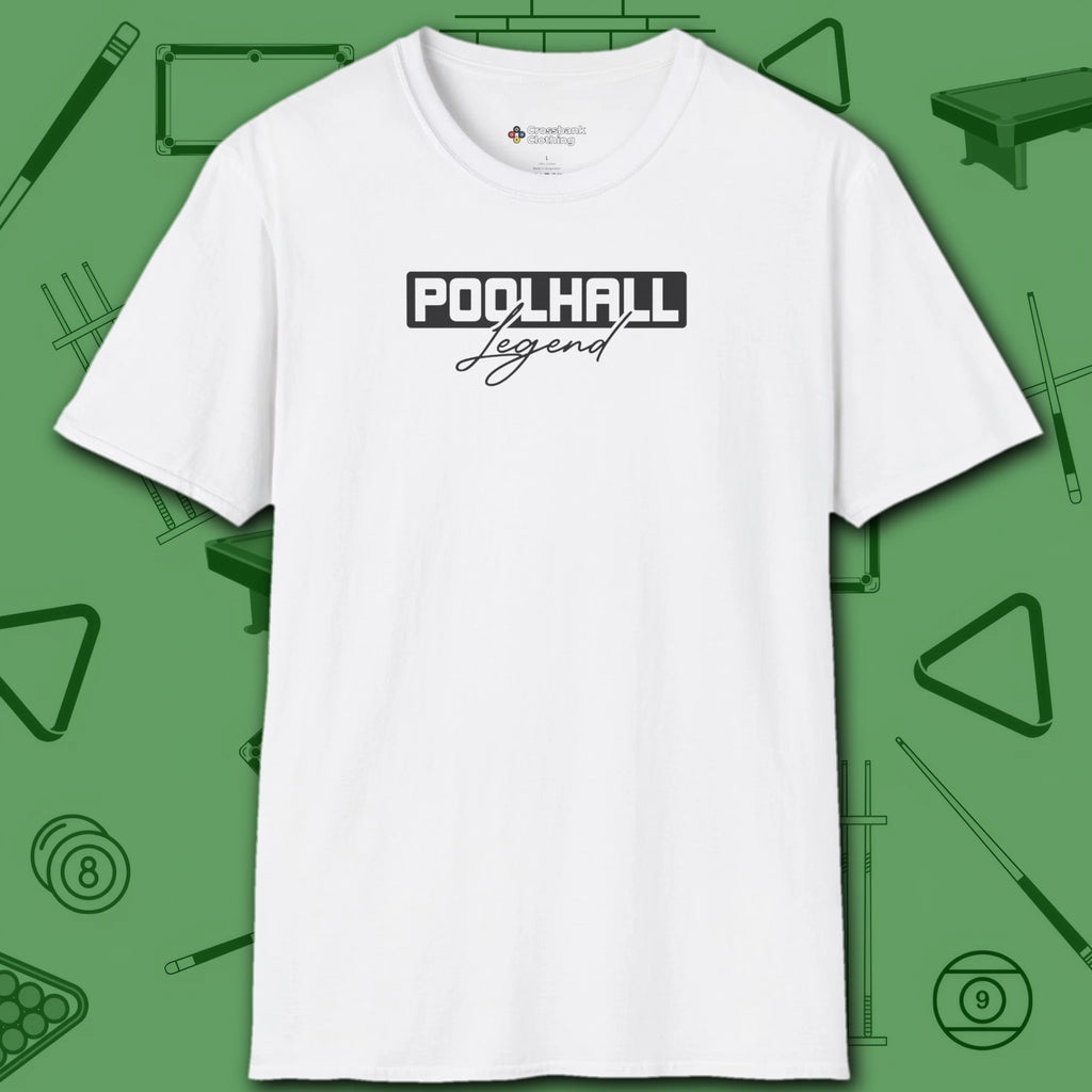 Poolhall Legend T-Shirt, in White color, billiards shirt, front view