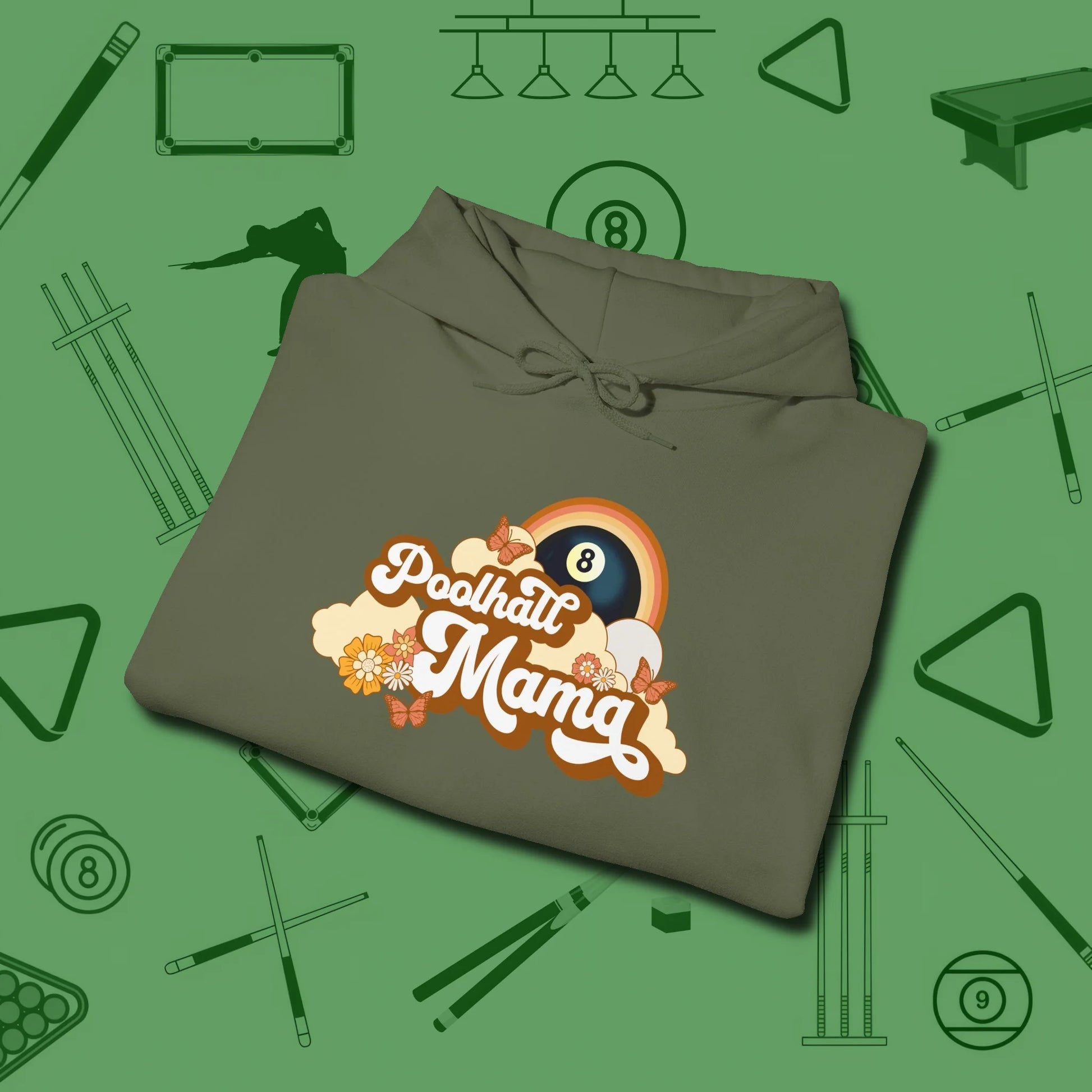 Poolhall Mama Hoodie, folded view, in Military Green smart apparel for strategic players