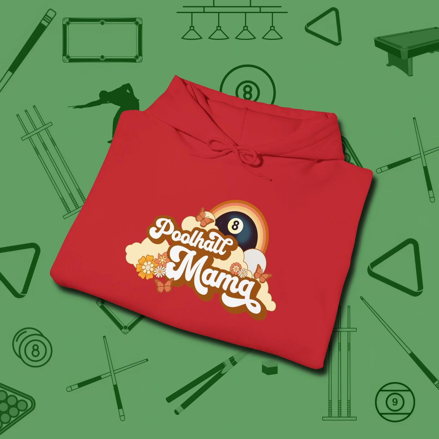 Poolhall Mama Hoodie, folded view, in Red designed for dead stroke and deadpan looks