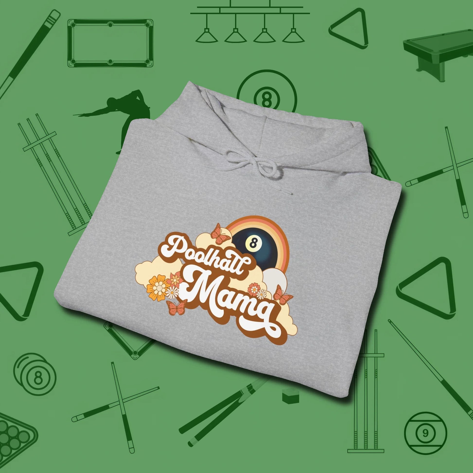 Poolhall Mama Hoodie, folded view, in Sport Grey make every shot — and outfit — count