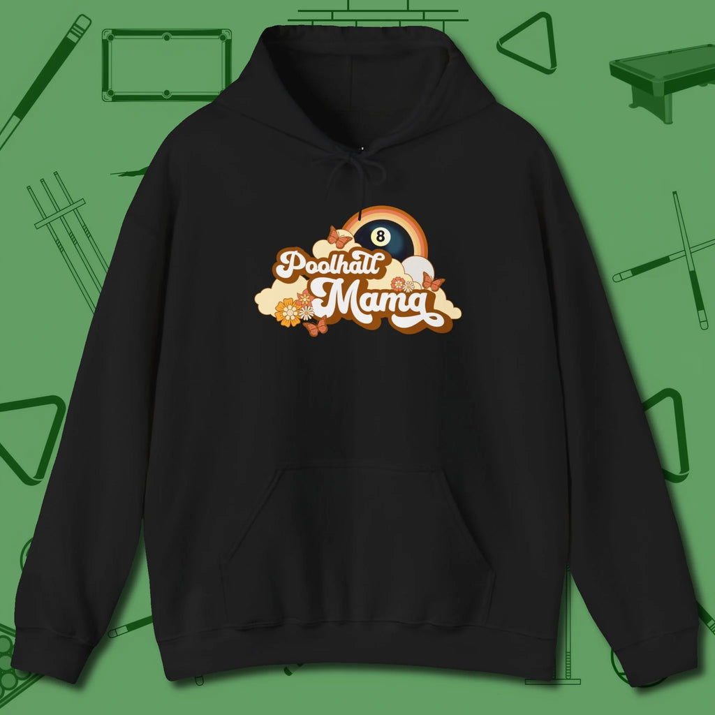 Poolhall Mama Hoodie, front view, in Black style that banks as hard as you do
