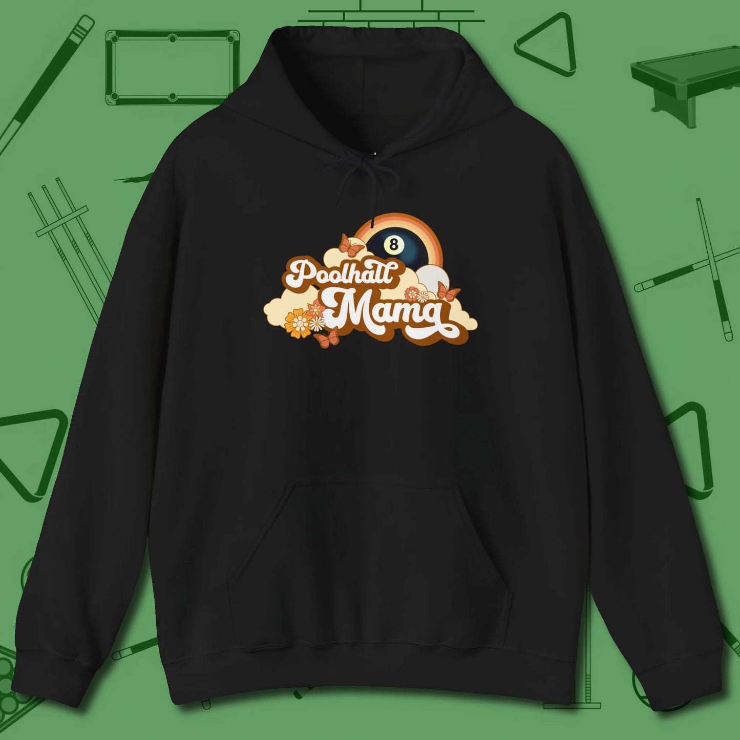 Poolhall Mama Hoodie, front view, in Black style that banks as hard as you do