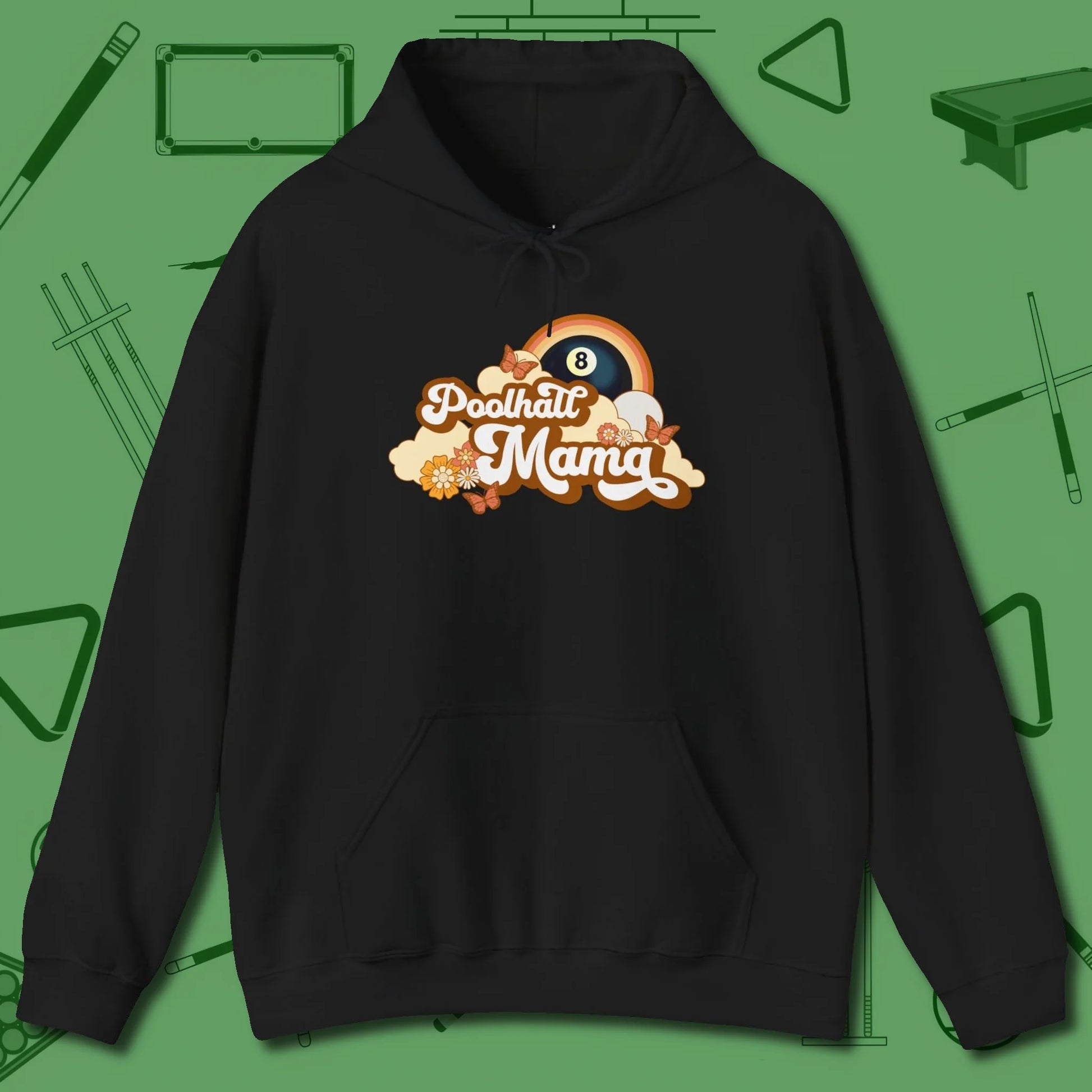 Poolhall Mama Hoodie, front view, in Black style that banks as hard as you do