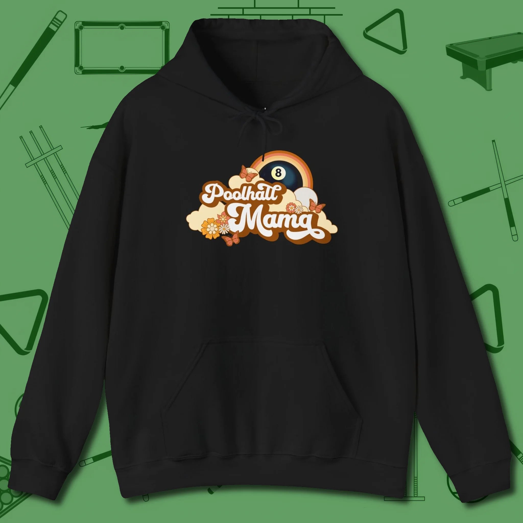 Poolhall Mama Hoodie, front view, in Black style that banks as hard as you do