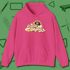 Poolhall Mama Hoodie, front view, in Heliconia break, run out, turn heads — repeat