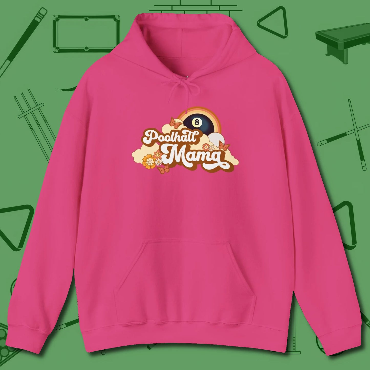 Poolhall Mama Hoodie, front view, in Heliconia break, run out, turn heads — repeat