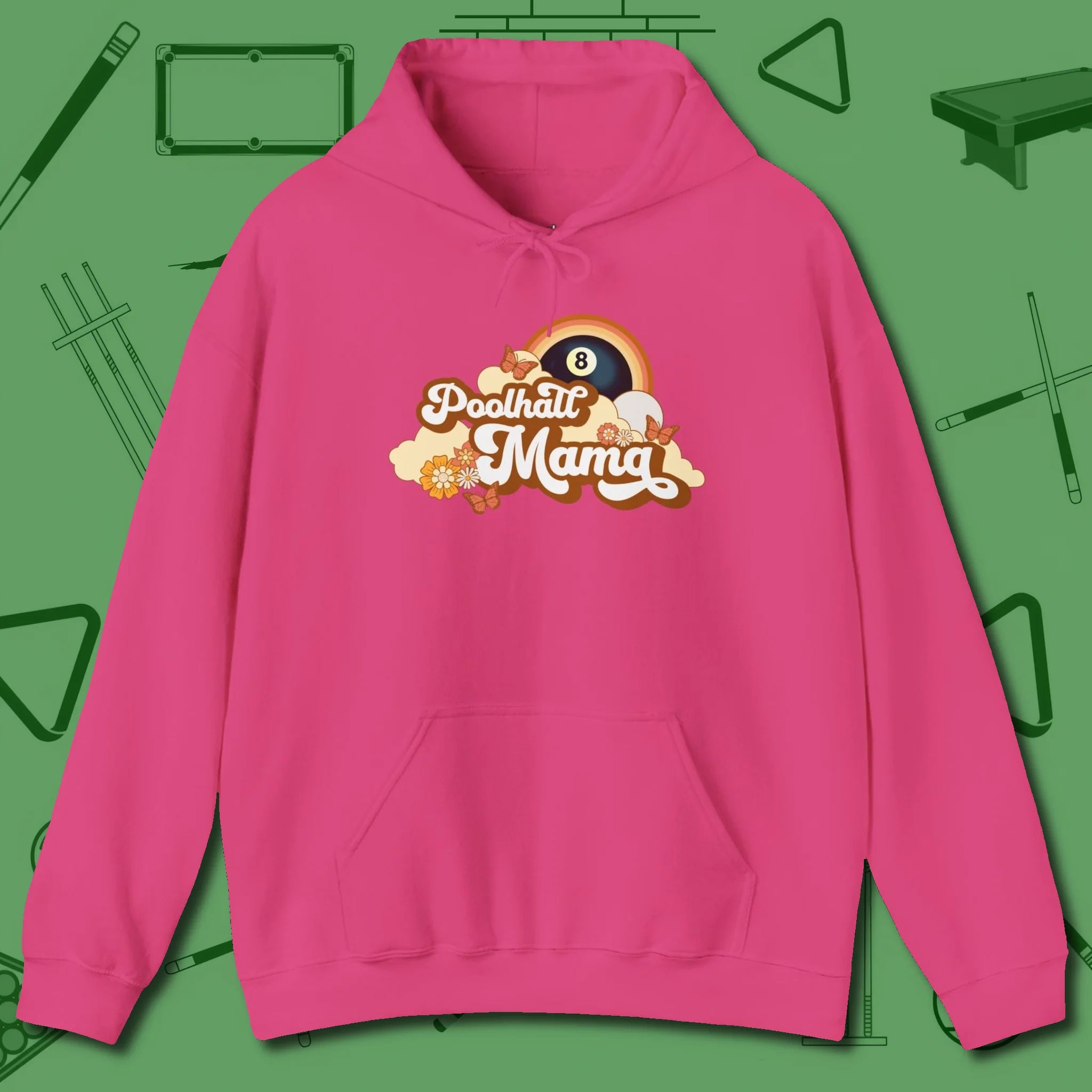 Poolhall Mama Hoodie, front view, in Heliconia break, run out, turn heads — repeat