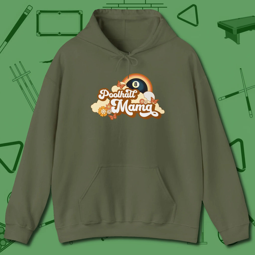 Poolhall Mama Hoodie, front view, in Military Green table-tested, street-approved style