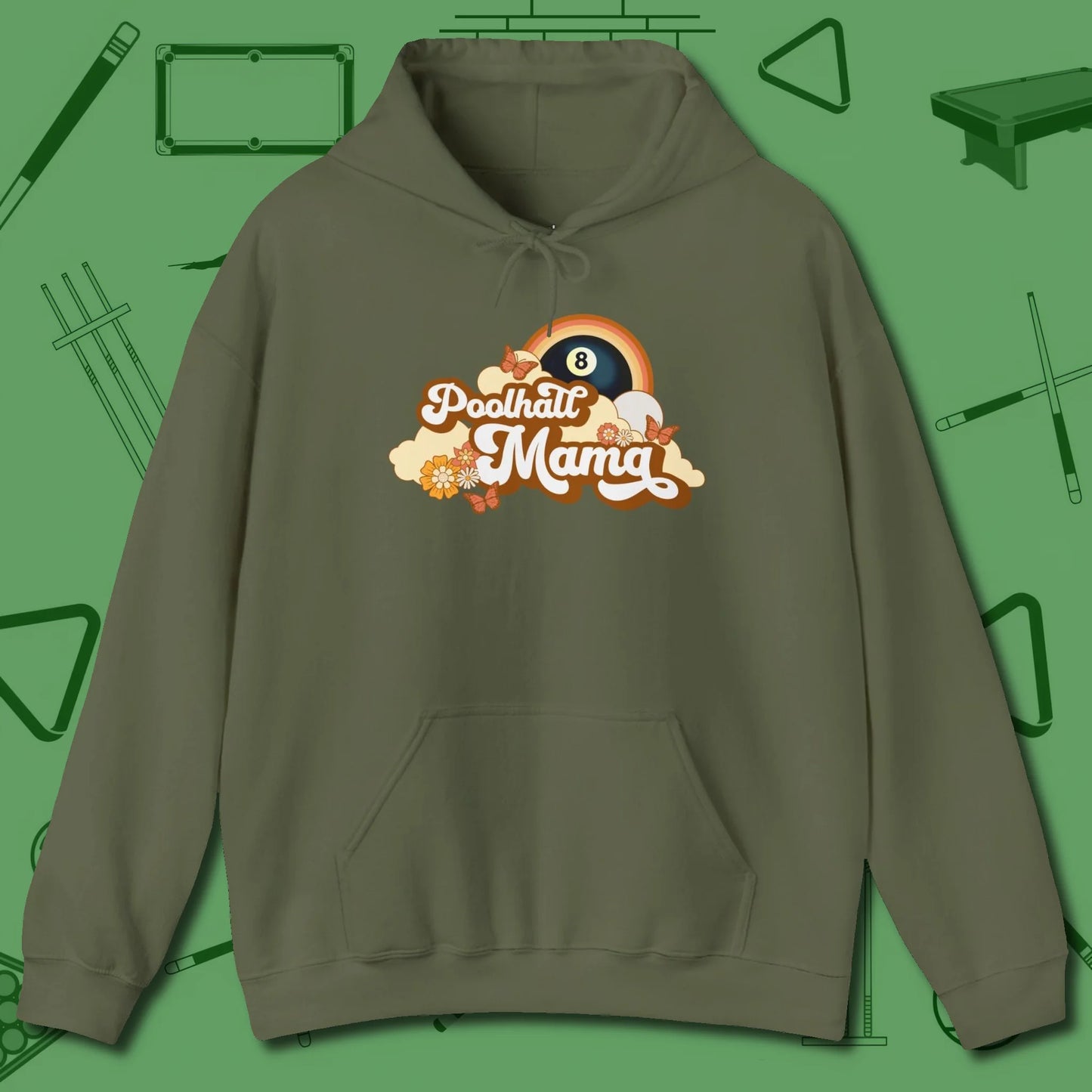 Poolhall Mama Hoodie, front view, in Military Green table-tested, street-approved style