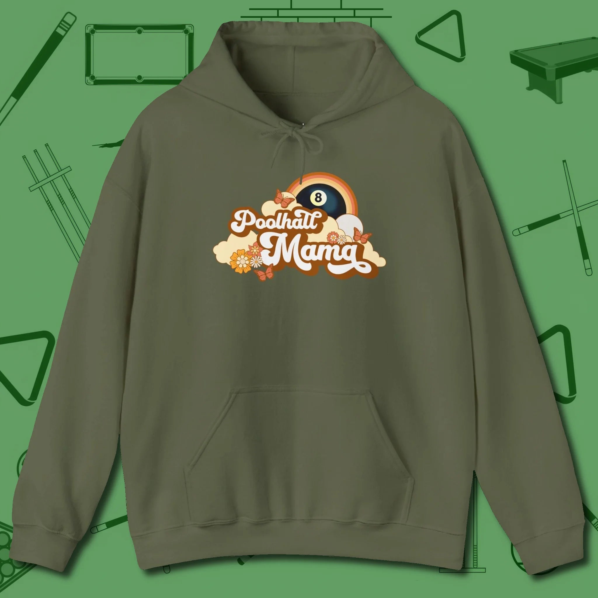 Poolhall Mama Hoodie, front view, in Military Green table-tested, street-approved style
