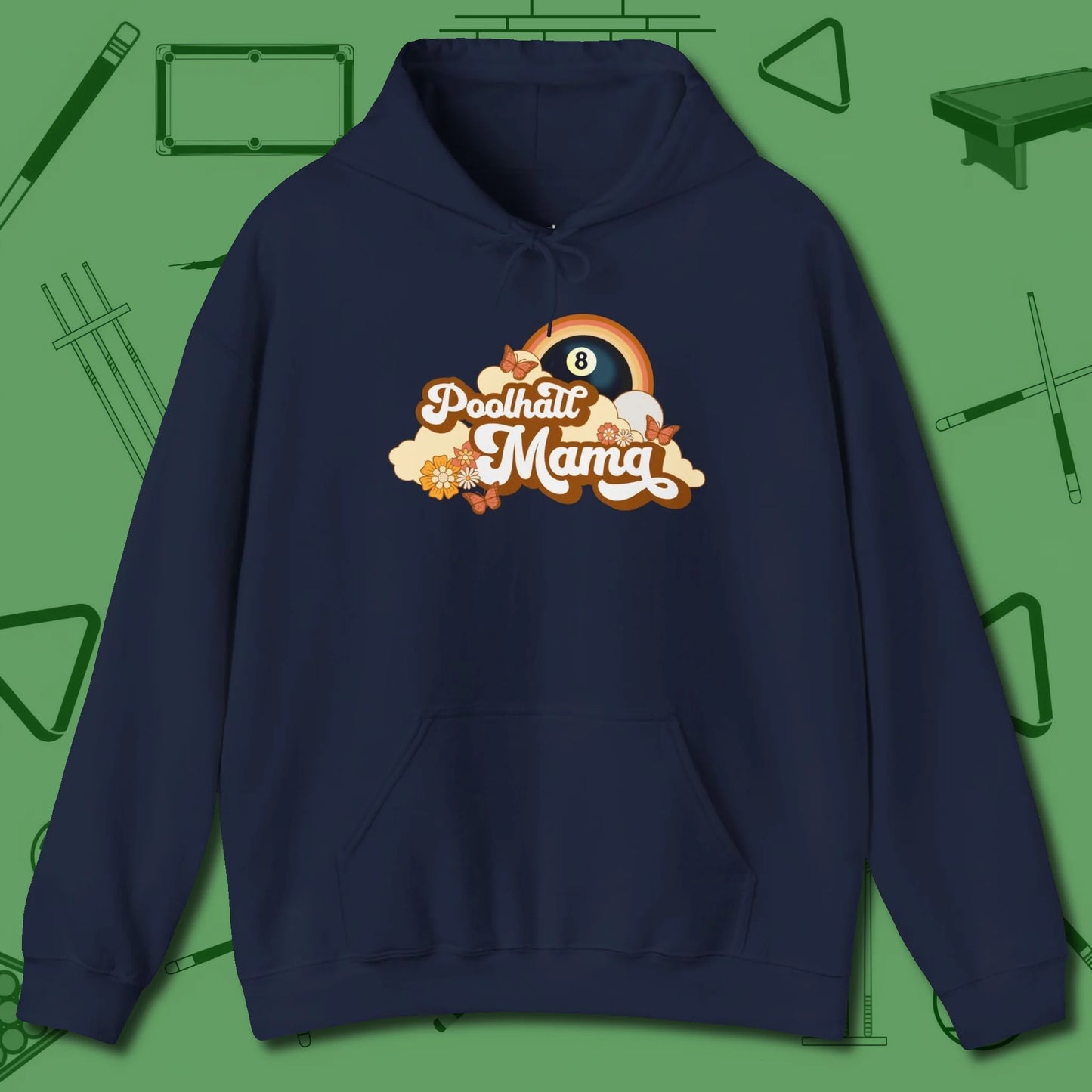 Poolhall Mama Hoodie, front view, in Navy for shooters who dress like they play: sharp