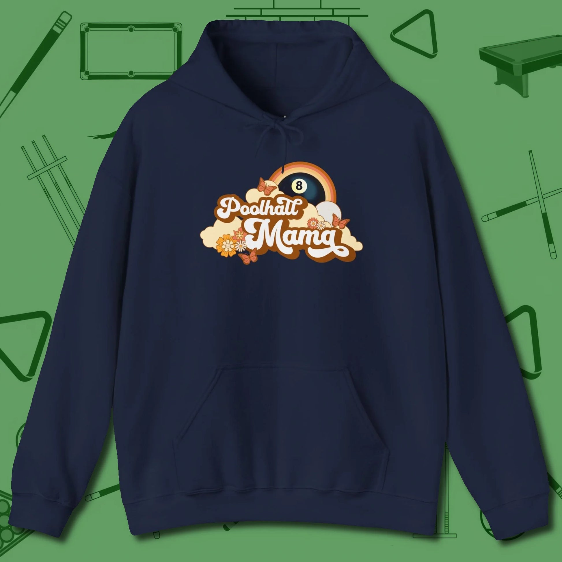 Poolhall Mama Hoodie, front view, in Navy for shooters who dress like they play: sharp